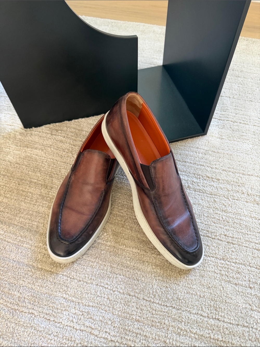 Santoni Brown Leather Slip-On Sneakers with White Sole